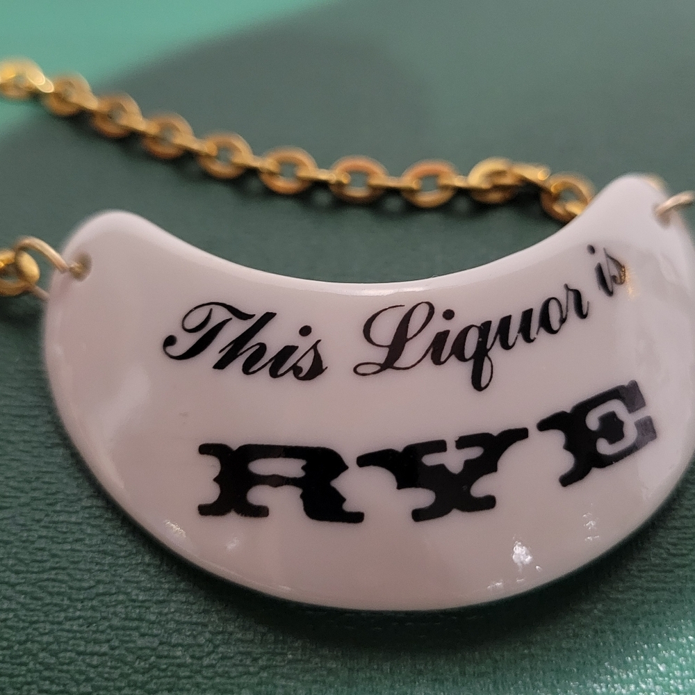 Vintage Porcelain gold tone chain liquor decanter tag This liquor is Rye -Japan